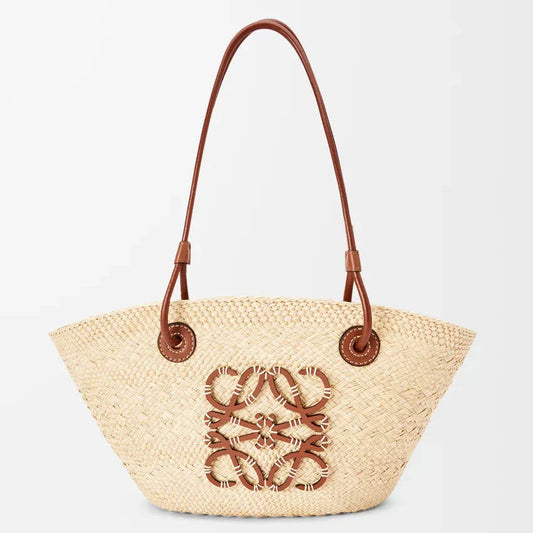 L°EWE - Petit panier Anagram en palmier Iraca et cuir de veau Natural Tan
