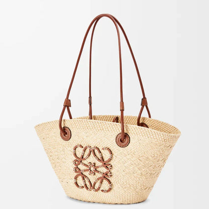 L°EWE - Petit panier Anagram en palmier Iraca et cuir de veau Natural Tan