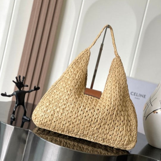 CEL°NE - Classic Panier Cabas Triangle Raffia Calfskin